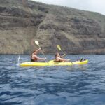 Kayak de mar avanzando sobre olas cortas con la costa rocosa al fondo