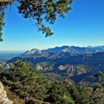 Agujas de caliza gris sobre una vega de hierba con nubes bajas subiendo por la ladera